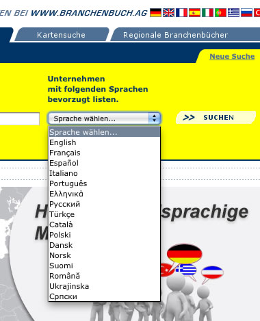 Sprachauswahl der Neue Branchenbuch AG