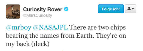 Mars Rover "Curiosity" bestätigt per Twitter
