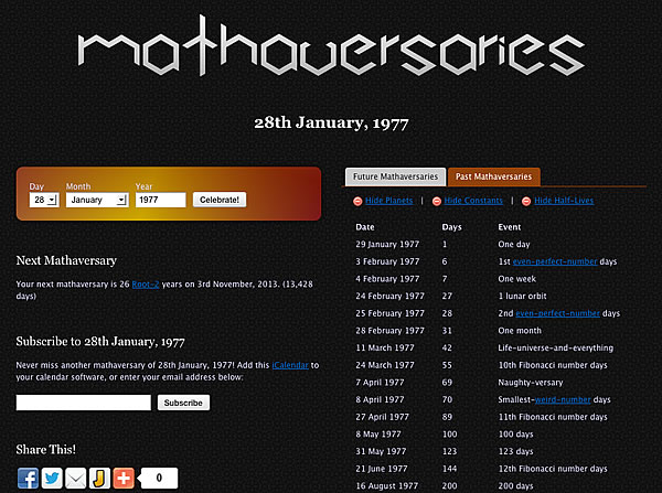 Mathaversaries.com - ungewöhnliche Jahrestage  & Jubiläen (Screenshot)