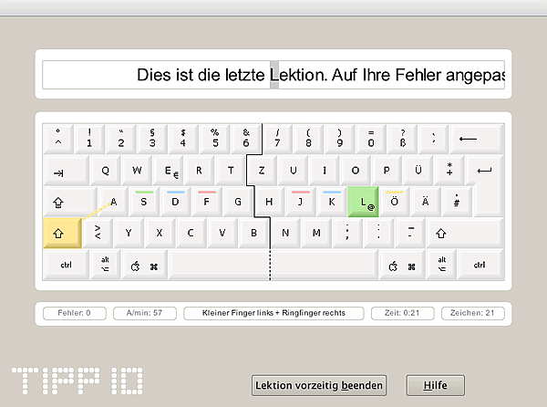 Tipp10 Eingabe mit farbigen Hinweisen auf virtueller Tastatur