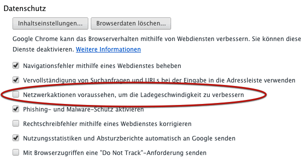 Google Chrome Netzwerkaktionen voraussehen deaktiviert